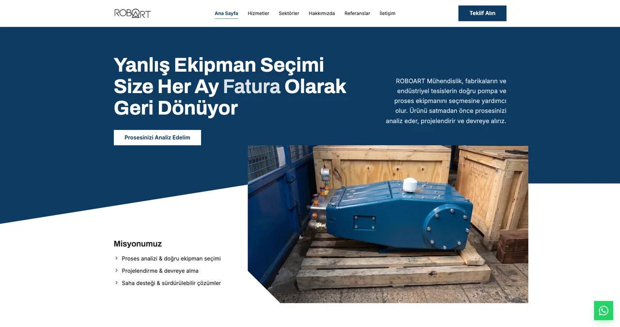 Roboart Mühendislik web sitesinin ana sayfası (roboart.com.tr)